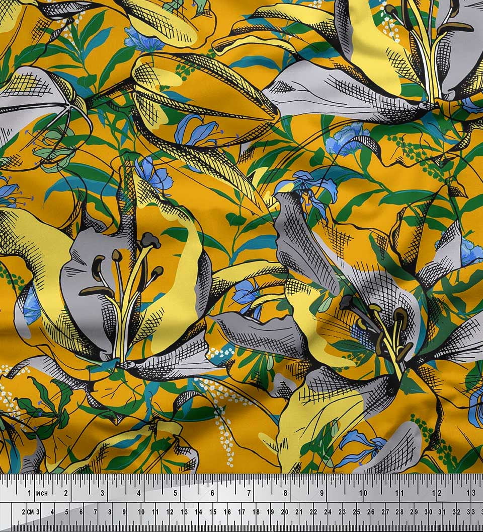 Soimoi Gold Cotton Duck Fabric Leaves & Floral Print Fabric by Yard 42