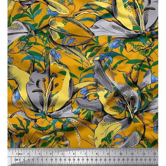 Soimoi Gold Velvet Fabric Leaves & Floral Decor Fabric Printed BTY 58 Inch Wide