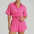 thumbnail image 5 of AKOEE Linen Shorts Sets for Women 2 Piece Casual Short Sleeve Button Down Shirt with Wide Leg Shorts Lounge Outfits (L, Hot Pink), 5 of 5