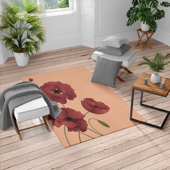 Floral Turkish Area Rug, Poppy Flowers Vivid Petals Buds Pastoral Purity Mother Earth Nature Design, Soft Carpet for Living Room Decor with Distressed Look, 2.6' x 5', Pale Maroon, by Ambesonne