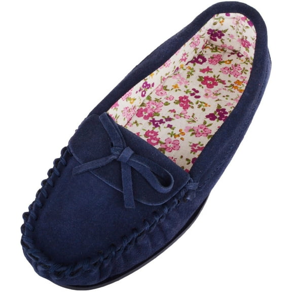 SNUGRUGS Ladies / Womens Soft Suede Moccasins / Slippers with Beautiful Cotton Lining - Navy - 6 US