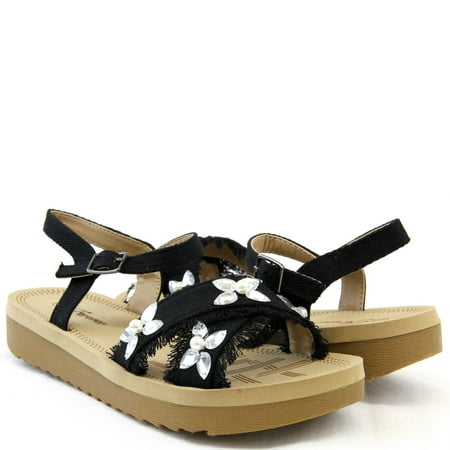 

Women Denim Stylish Sandals With Flower Rhinestone Decor Black