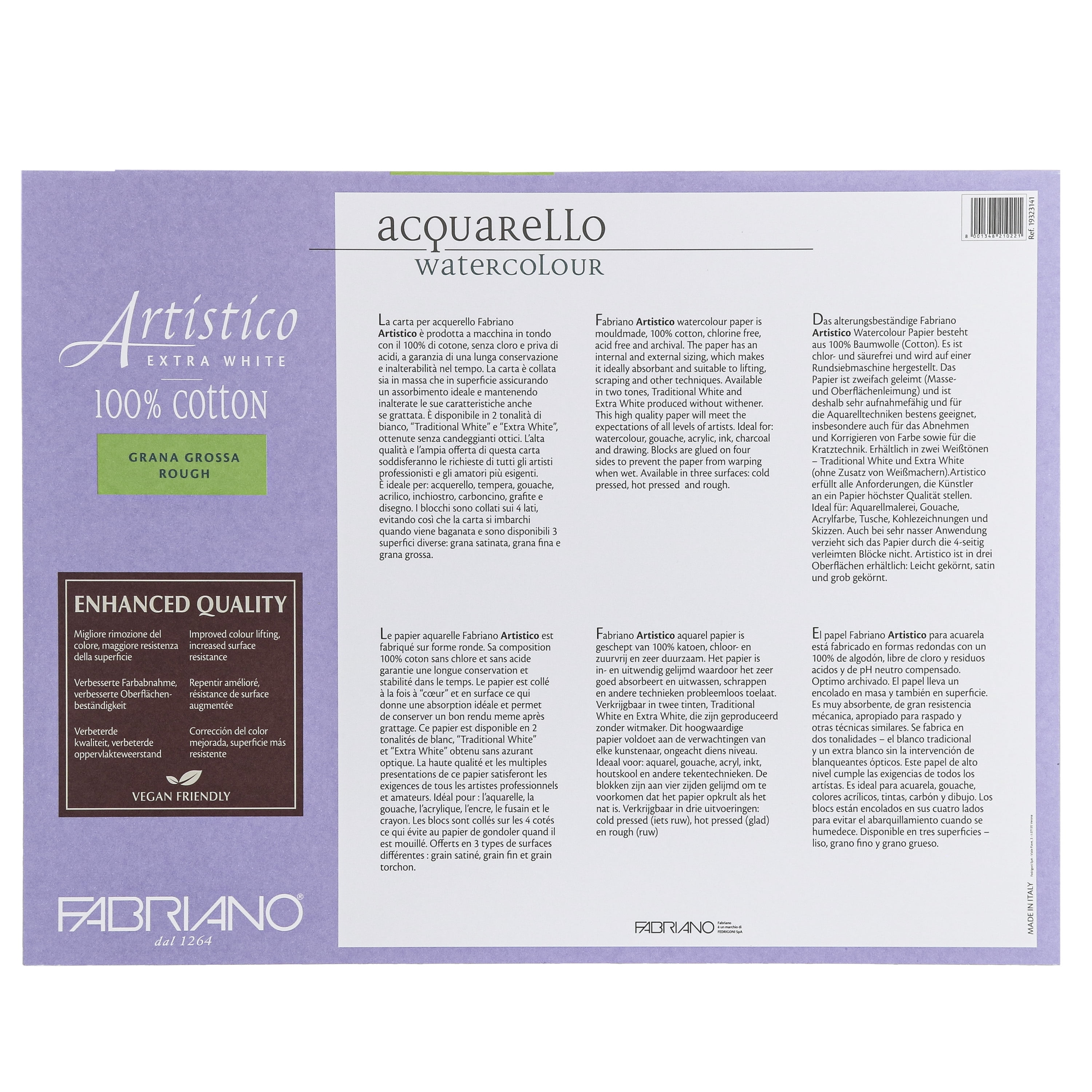 Fabriano Artistico Extra White Watercolor Block, 140 lb./300 gsm, Rough, 20 Sheets, 12" x 16"