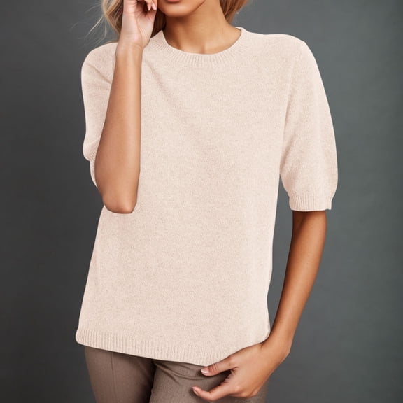 Beige T Shirts for Women's Round Neck Short Sleeved Loose T Shirt with A Knit Bottom Short Top Fashion Clothing