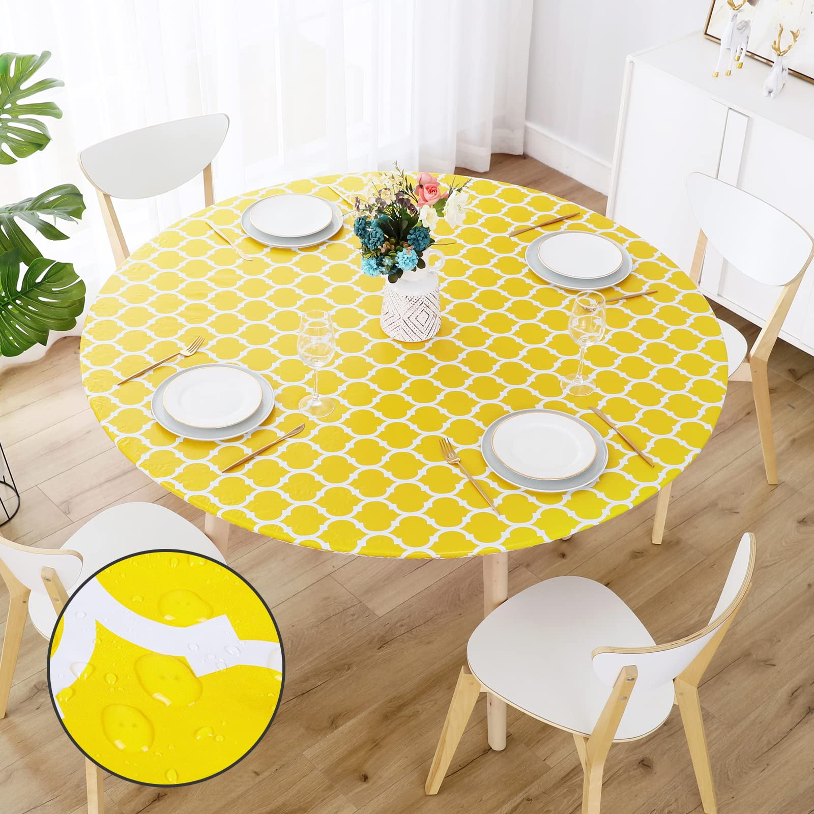 decorUhome Fitted Vinyl Tablecloth Round 36"44" Diameter, Waterproof Wipeable PVC Table Cover