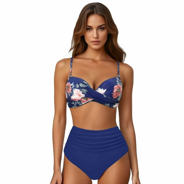 Bikini Mujer Traje de Baño Conjunto de Bikini Push Up Sexy Para Mujer, Traje de Baño de Dos Piezas de Cintura Alta, Tankini Con Estampado Retro Fruncido, Para Playa, Piscina y Fiesta 2042