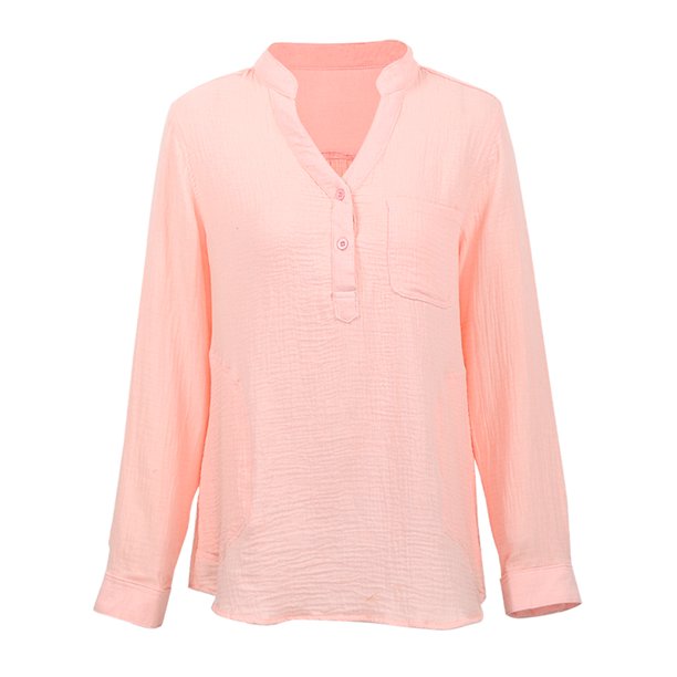 Nuevas mujeres ocasionales blusa suelta de lino de algodón con cuello en v bolsillos de manga larga Abanopi Rosa M