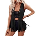 thumbnail image 2 of Women's Western Fringe Vest Sleeveless Faux Suede Cowgirl Jacket 70s Hippie Tassel Trim Open Front Cardigan Outfit, 2 of 7
