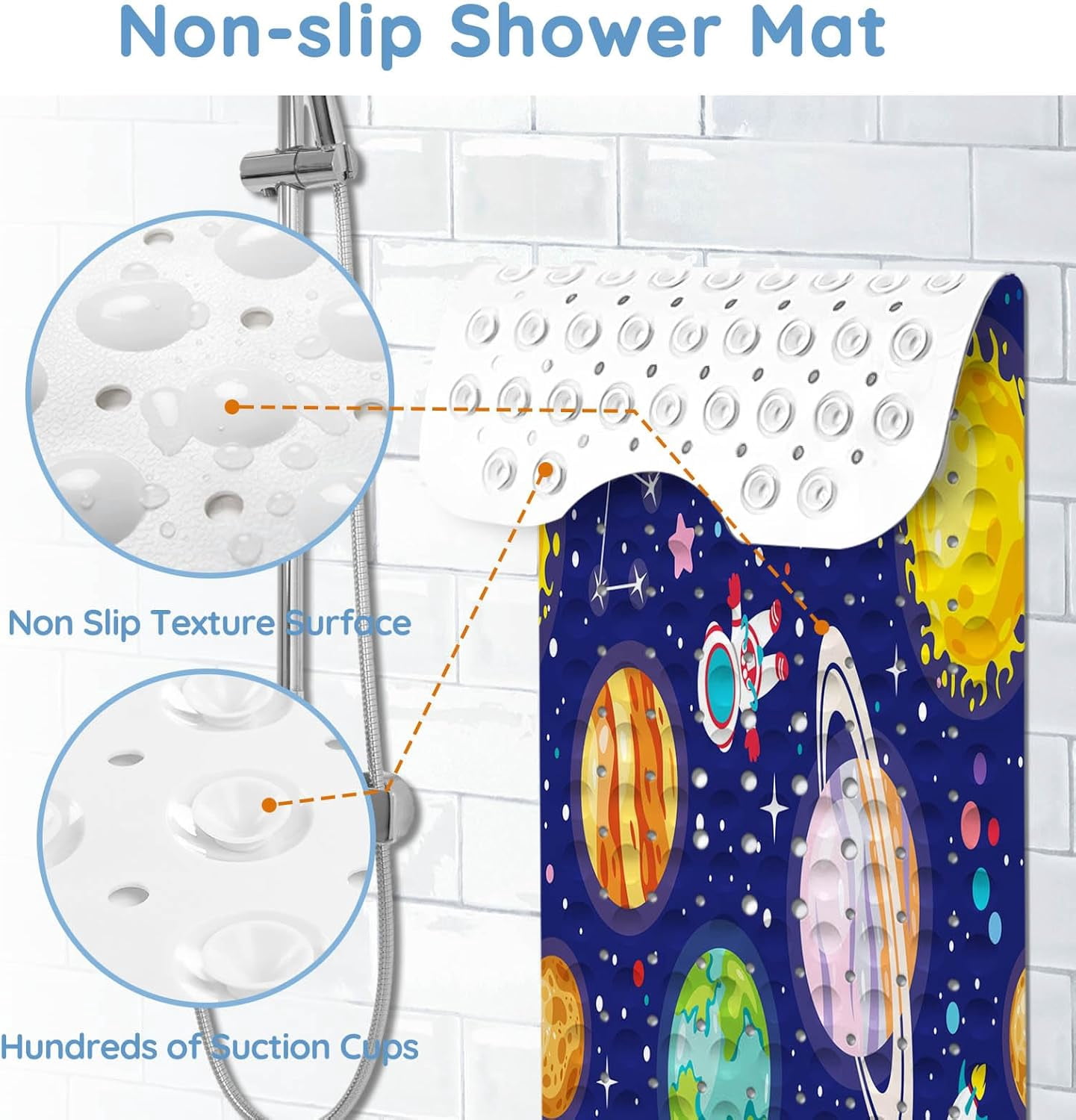 Bathtub Mats for Kids, Blue Outer Space Bath Mat for Tub Non Slip, 40 X 16 Inch Large Washable Bathtub Mat Non Slip for Showers with Drain Holes and Suction Cups
