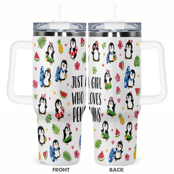 40oz Just a Girl Who Loves Penguins Travel Tumbler with Handle and Straw Lid Tropical Penguin Insulated Car Coffee Cup Gift for Women