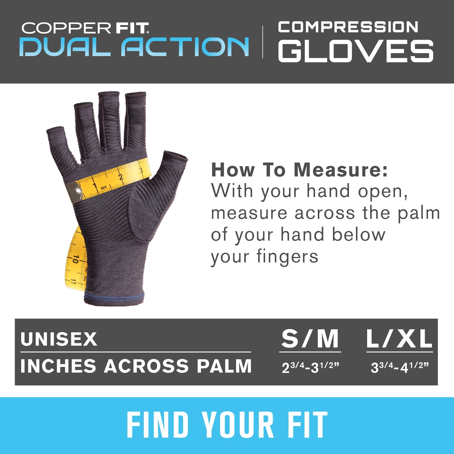 Copper Fit Dual Action Compression Gloves; Copper Infused & w/ Infrared Technology – Black, Small/Medium