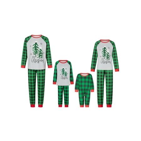 

Suanret Christmas Family Pajamas Matching Set Long Sleeve Tree Print Tops Plaid Trousers Set Homewear Sleepwear Green Mom-2XL