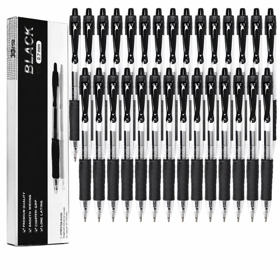 Rongyman Gel Pens,30 Retractable Black gel pens,smooth writing(0.7mm) gel ink pens for office & students