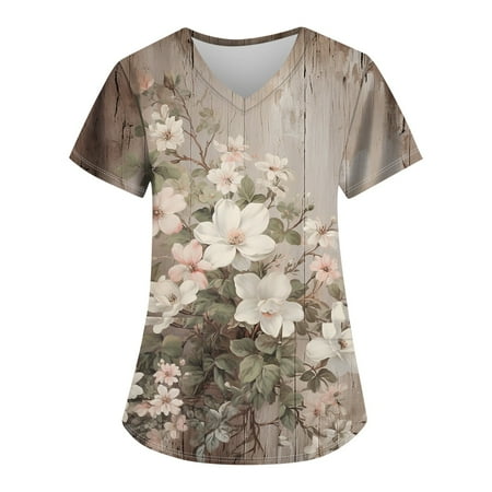 

Dorkasm Scrub Tops with Pockets Scrubs V Neck Short Sleeve Floral Women Blouses Casual Loose Fit Medical Woman Tops White L