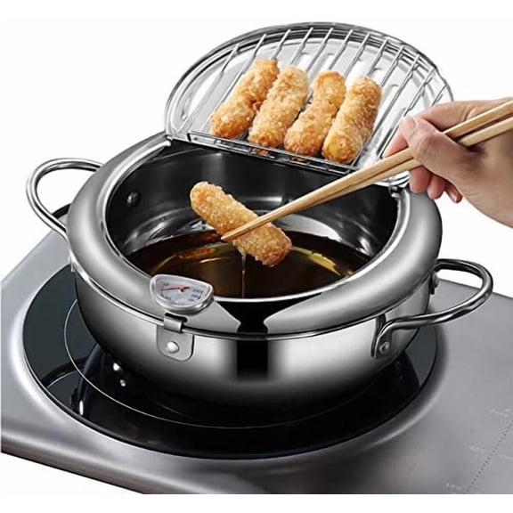 Deep Fryer Pot, Japanese Tempura Frying Pot 304 Stainless Steel Small Deep Fryer with Thermometer,Lid And Oil Drip Drainer Rack for French Fries Shrimp Chicken Wings and Shrimp (24cm/9.4inch)