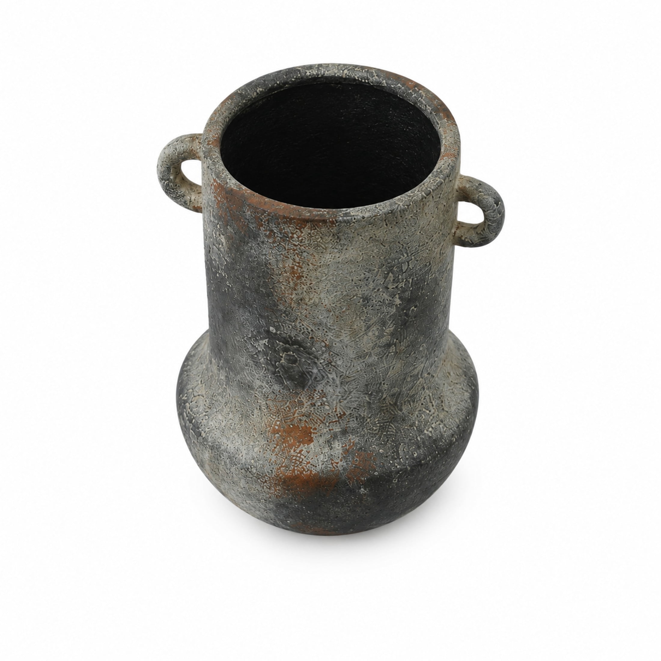 DecMode 10" Antique Style Textured Dark Gray Ceramic Vase with Brown Accents and Handles