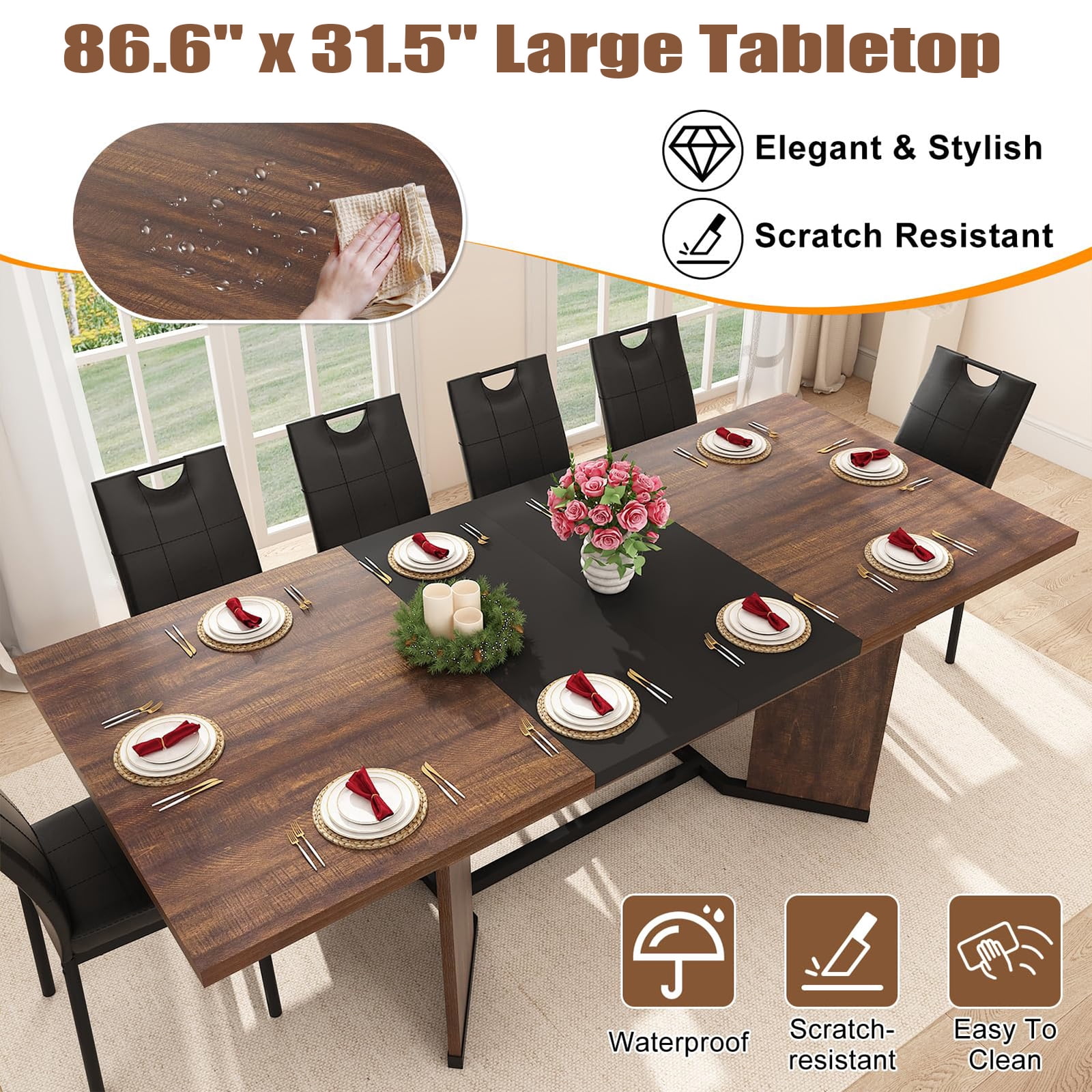 Blotout Extendable Dining Table for 6-10 Person, 59'' to 86.6'' Modern Farmhouse Wooden Kitchen Table, Rectangle Expandable Dining Room Table, Large Expanding Table (Rustic Brown)