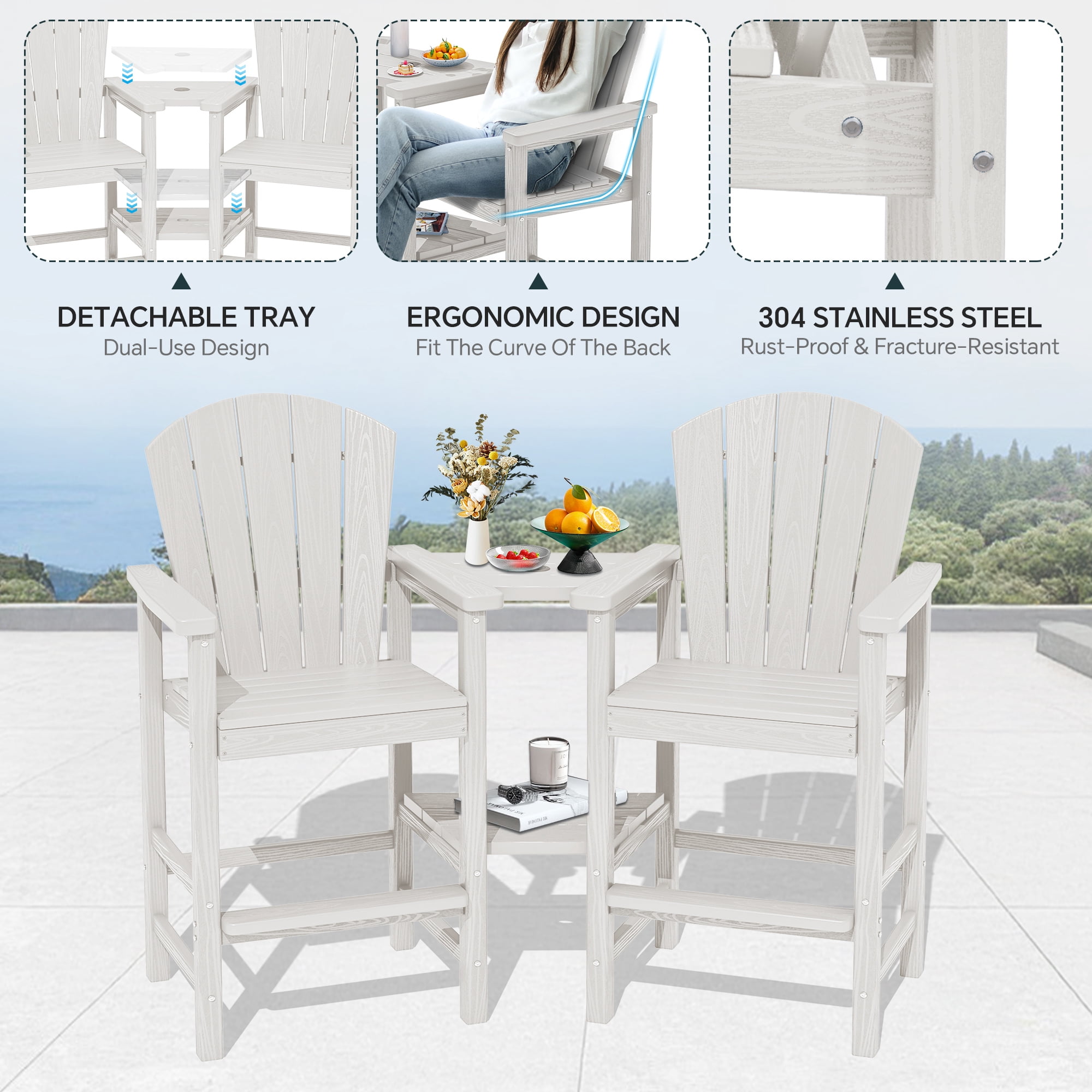 SERWALL Tall Adirondack Chairs Set of 4 with Double Layer Connecting Tray, HDPE Bar Height Outdoor Chairs, for Patio, Balcony, Porch, Pool, White