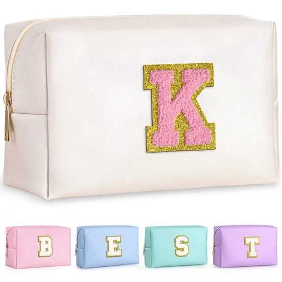 TOPEAST Makeup Bag for Women Teen Girls - Birthday Gifts for 7 8 9 10 11 12 Year Old Girls, Cosmetic Bag Initial Toiletry Pouch (White A)