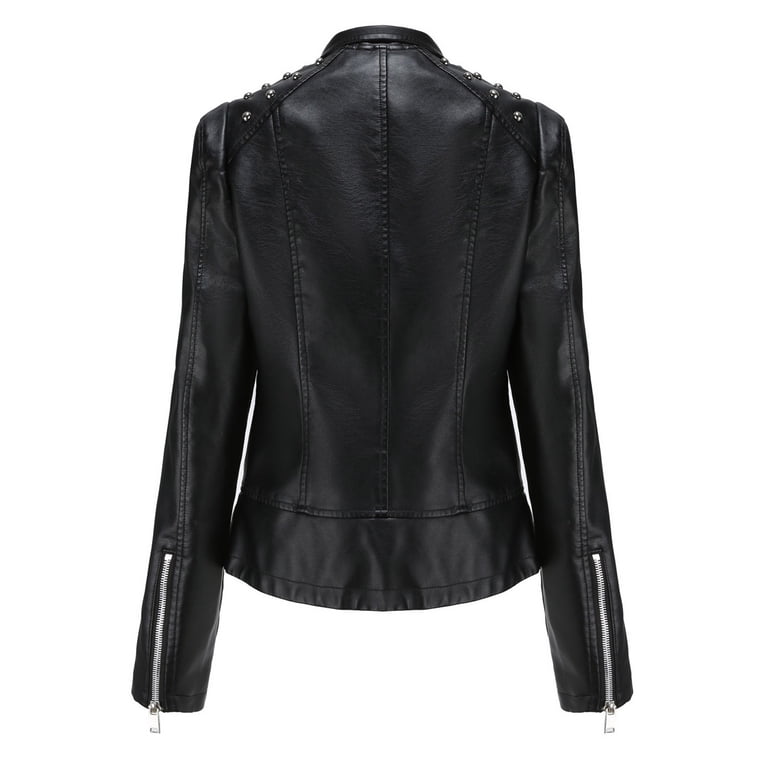 tklpehg Fall Womens Leather Jacket Long Sleeve Coats Ladies Stand