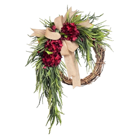 OIUR Artificial Hydrangea Wreath for Front Door 16 Inch Lifelike Floral Wreath with Burlap Bow for Door Wall Wedding Party Home Farmhouse Decoration
