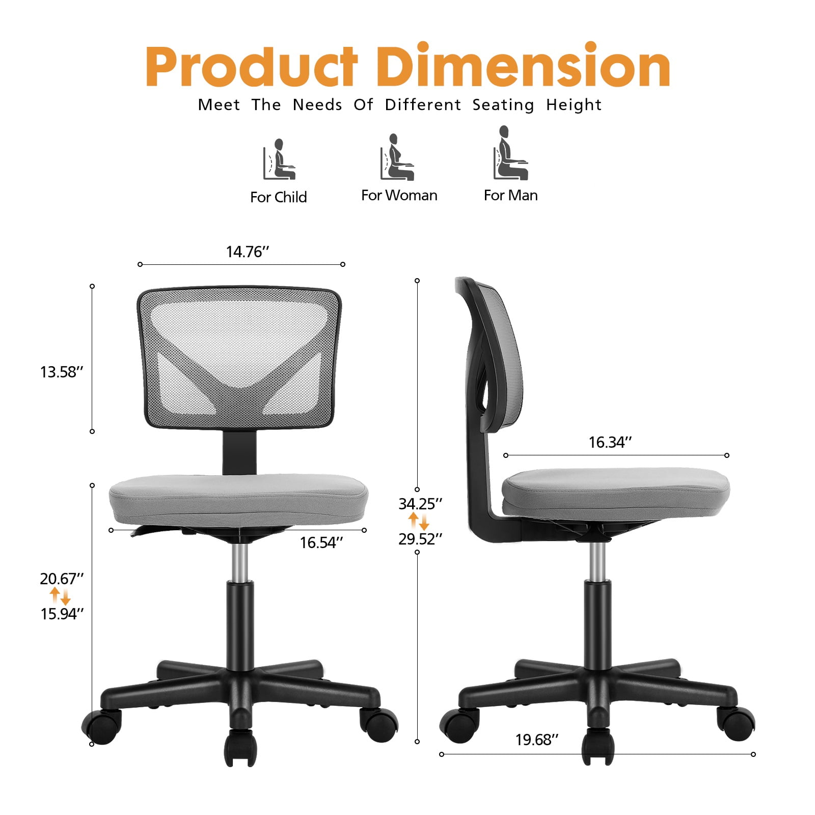 CONCETTA Ergonomic Home Office Mesh Desk Chair, Small Space, Armless Rolling Chair for Adults, Gray