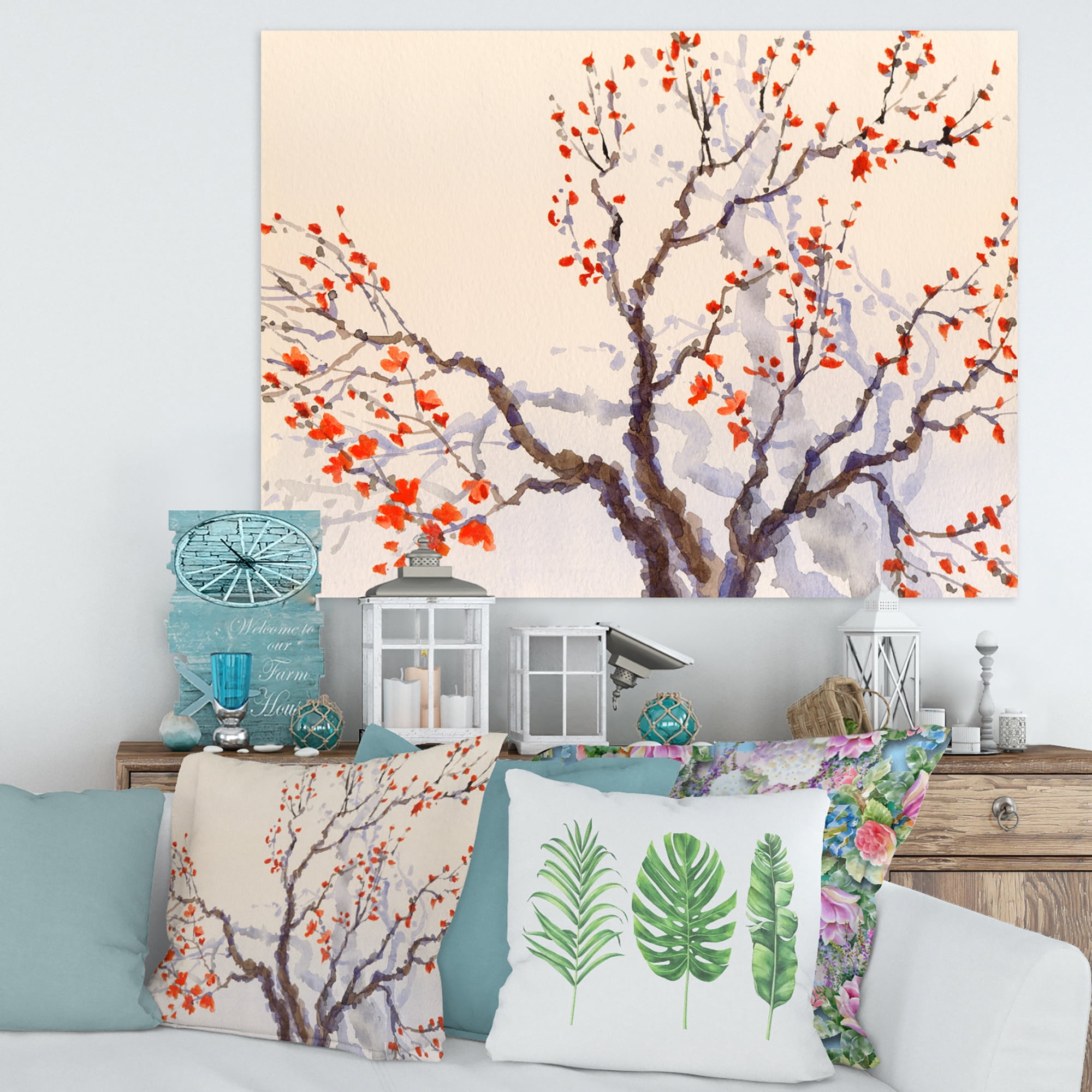 Designart ' Buds and Red Flowers On The Spring Blossoming Tree ' Traditional Canvas Wall Art Print