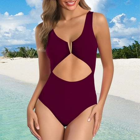 Tummy Control Swimsuit Women S Summer Fashion Suspender Waist Hollow One Swimsuit Solid Color Sexy Bikini Swimsuit Bikini Sports Bra Top Purple Women Blending Bikinis S