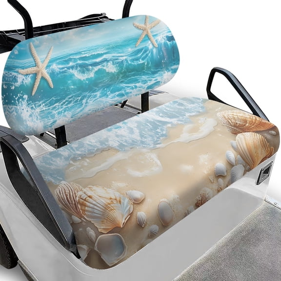 Pzuqiu 2 Piece Beach Seashell Print Golf Cart Seat Covers Set - Breathable Washable Protective Cover for Most 2-Seater Golf Carts