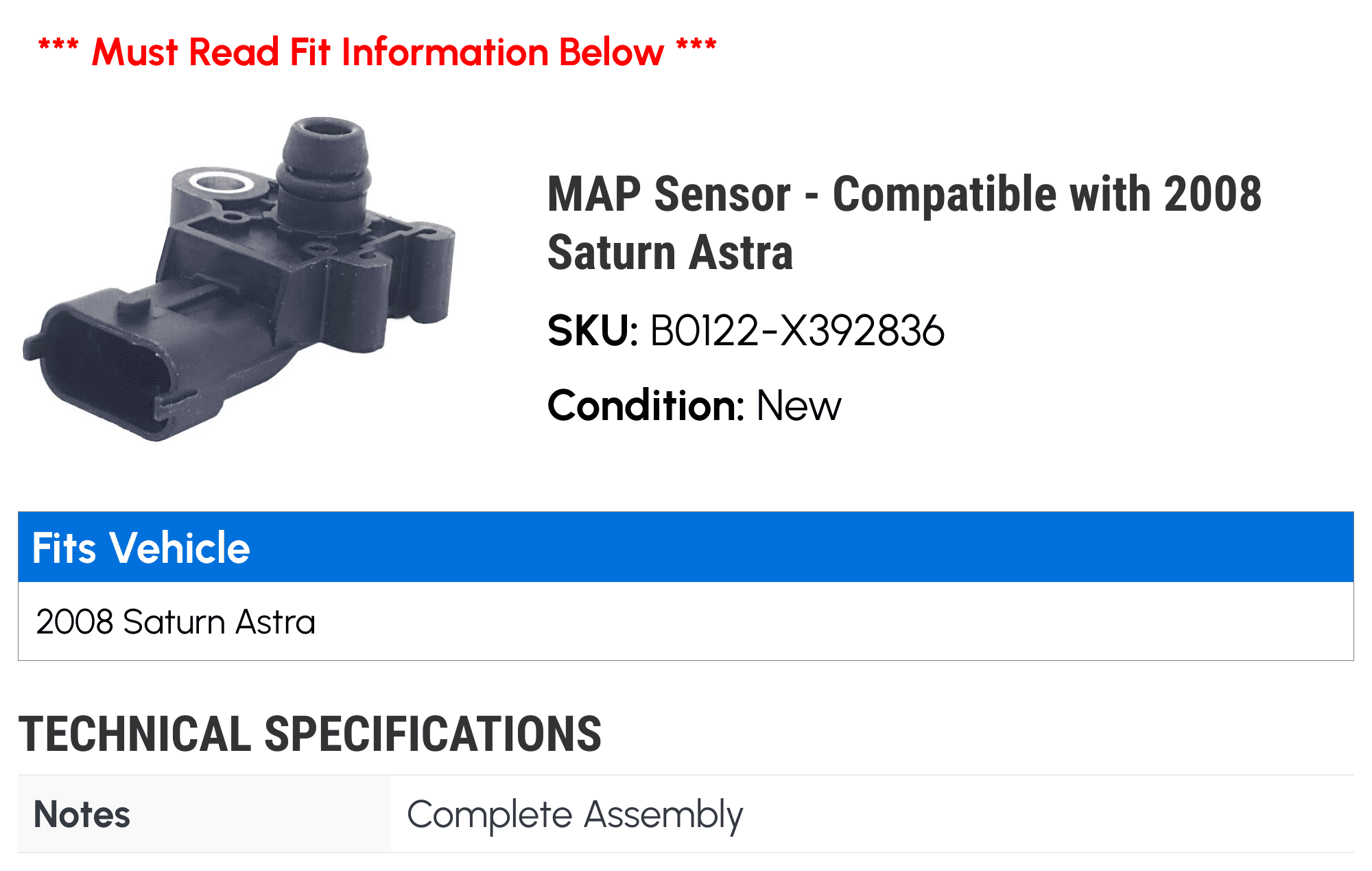 MAP Sensor - Compatible with 2008 Saturn Astra
