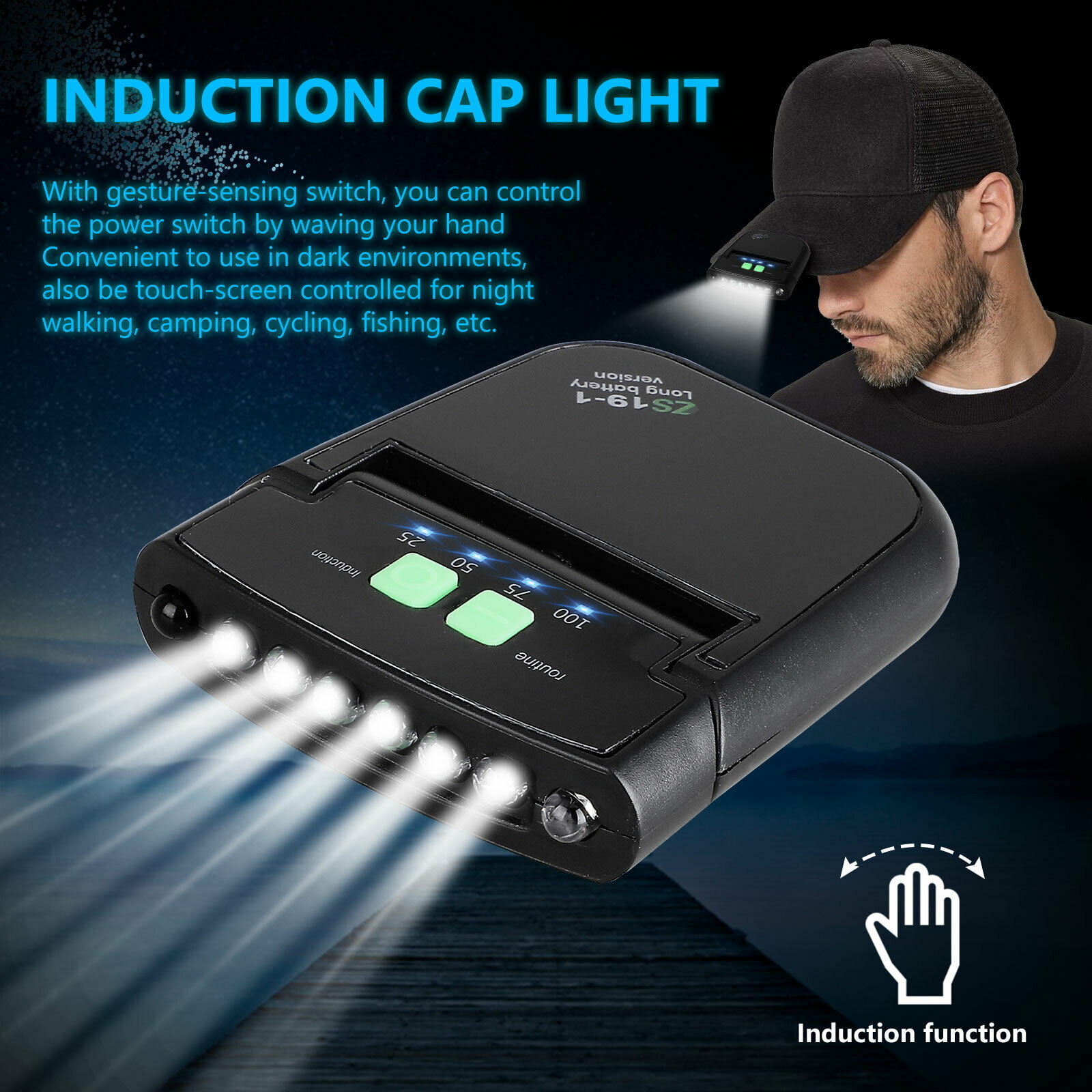 Rechargeable Cap Clip-on Head Lamp Headlight 6LED Hat Sensor Torch Light Camping 