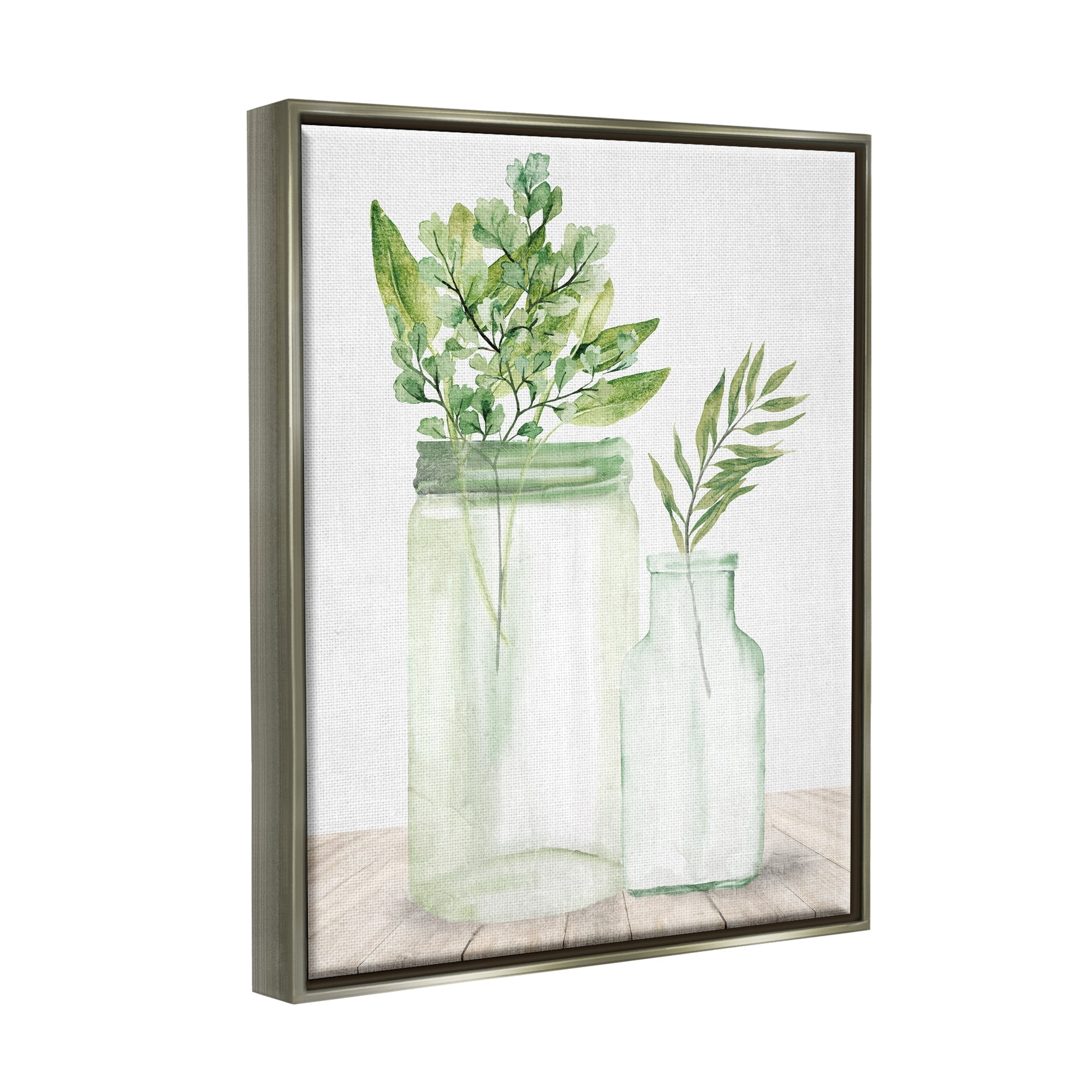 Stupell Industries Country Plant Leaves Rustic Glass Jars Arrangement Graphic Art Luster Gray Floating Framed Canvas Print Wall Art, Design by Kim Allen