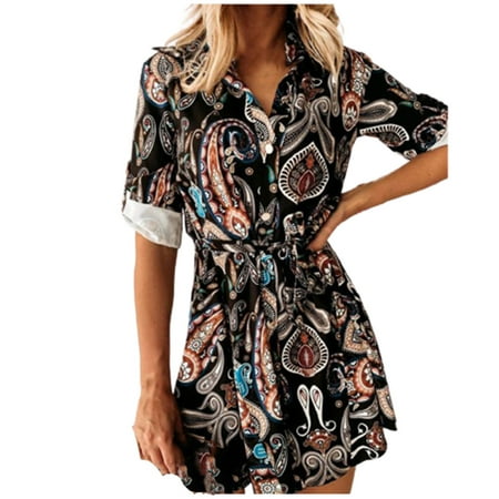 

COBKK Dresses For Women Petite Long Sleeve Round-Neck Dress Womens Printing Loose Button Short Sleeve Dress Casual Top T-Shirt Blouse Dress Womens Dresses Plus Size Black XL