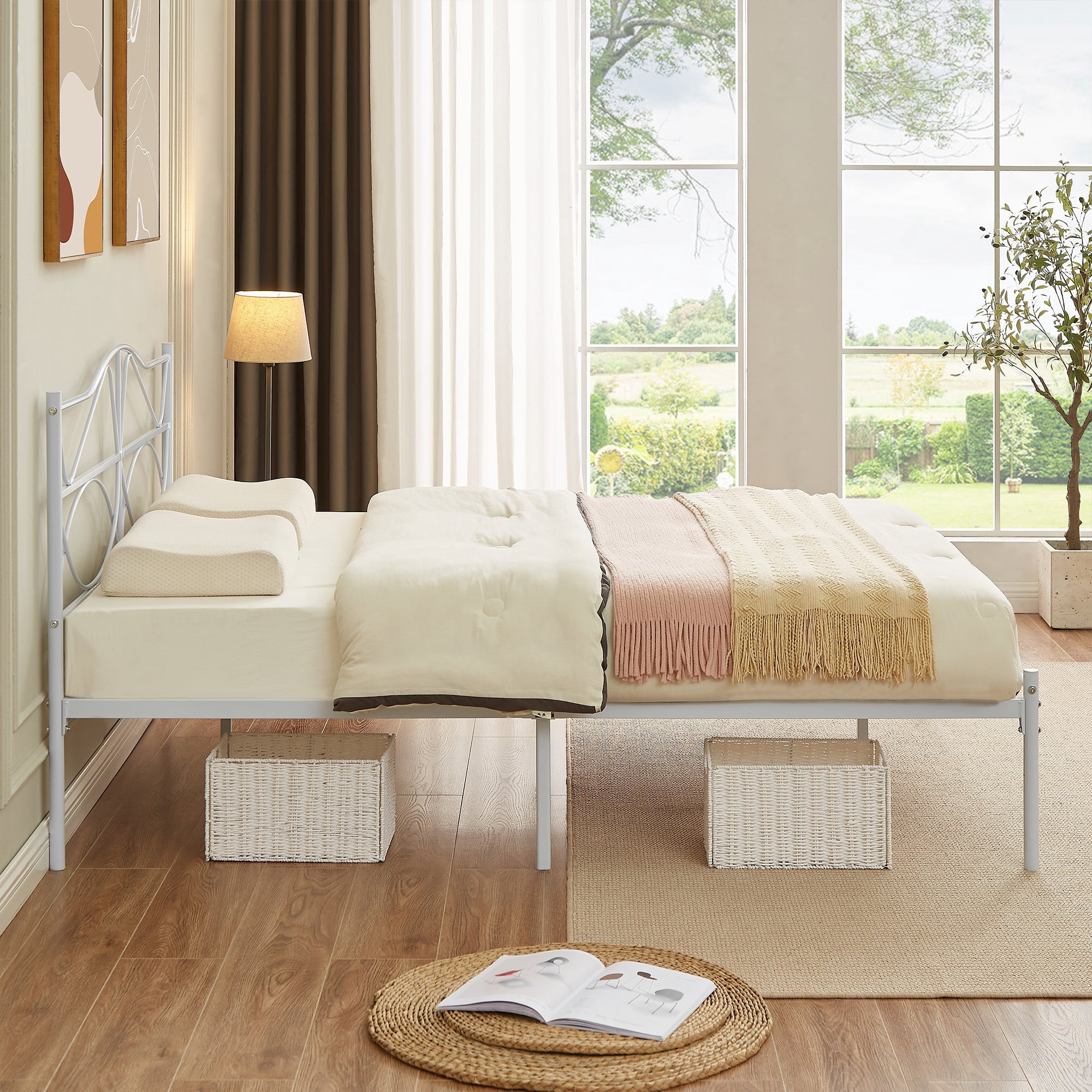 VECELO Full Size Metal Platform Bed Frame with Headboard, Heavy Duty Steel Slats Support/No Box Spring Needed, White