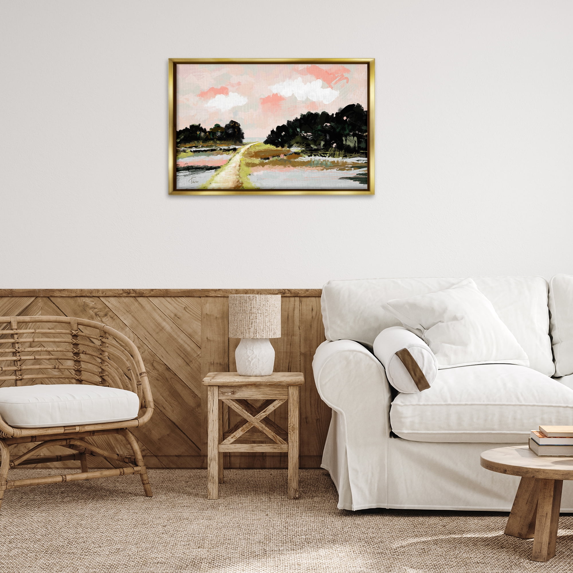 Stupell Industries Nature with Blush Sunrise Landscape & Nature Painting Gold Floater Framed Canvas Art Print Wall Art, 31 x 21