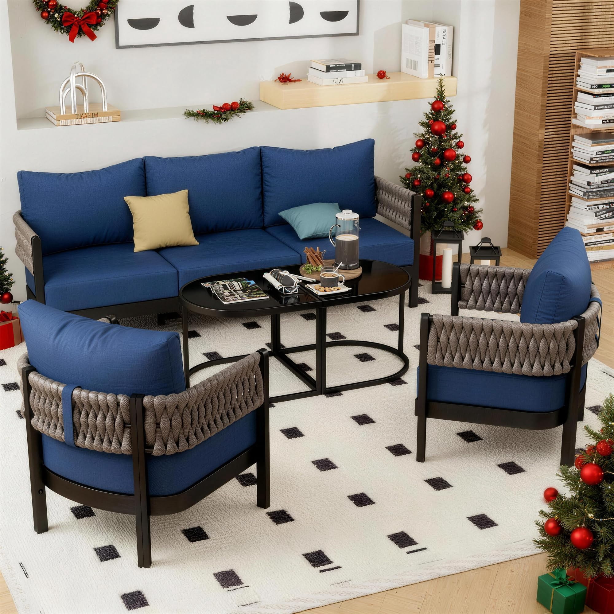 ALAULM Aluminum Patio Furniture Set 8 Pieces,Metal Outdoor Furniture with Modular Coffee Table,HDPE Rope Sectional Conversation Set w/5.9" Thick Cushions for Deck,Porch,Backyard