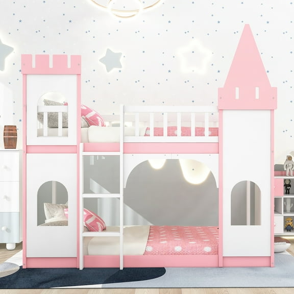 Bed Frame Twin Over Twin Castle Bunk Bed with Ladder Pink