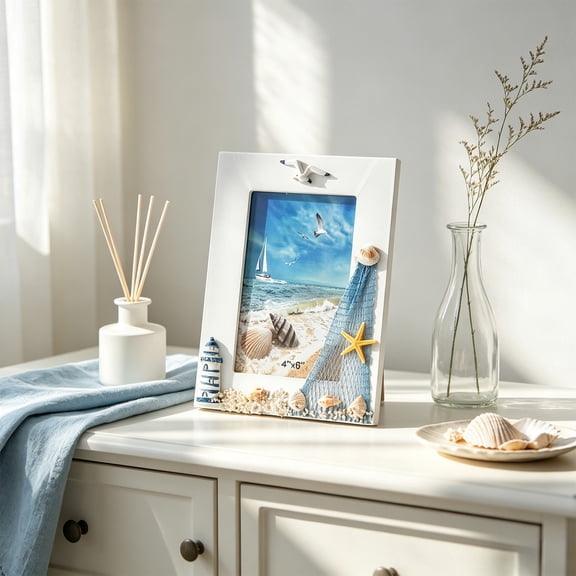 Coastal Wooden Picture Frame, 7.8*5.9 inch Seashell, Starfish & Fish-Shaped Photo Holder with Display Stand for Desktop, Shelf, Bedroom, Living Room, Office or Beach House Wall Decor