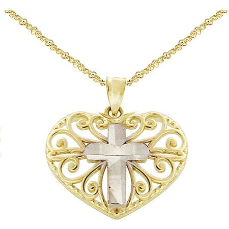 Rhodium Cross in Heart 10kt Yellow Gold Pendant, 18
