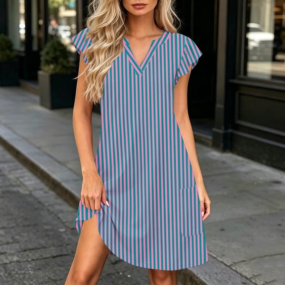 Blmnix Peplum Dress for Women with Pockets Shift Striped Dress Dresses Short Sleeve V-Neck Mini Adaptable Womens Dresses Summer S