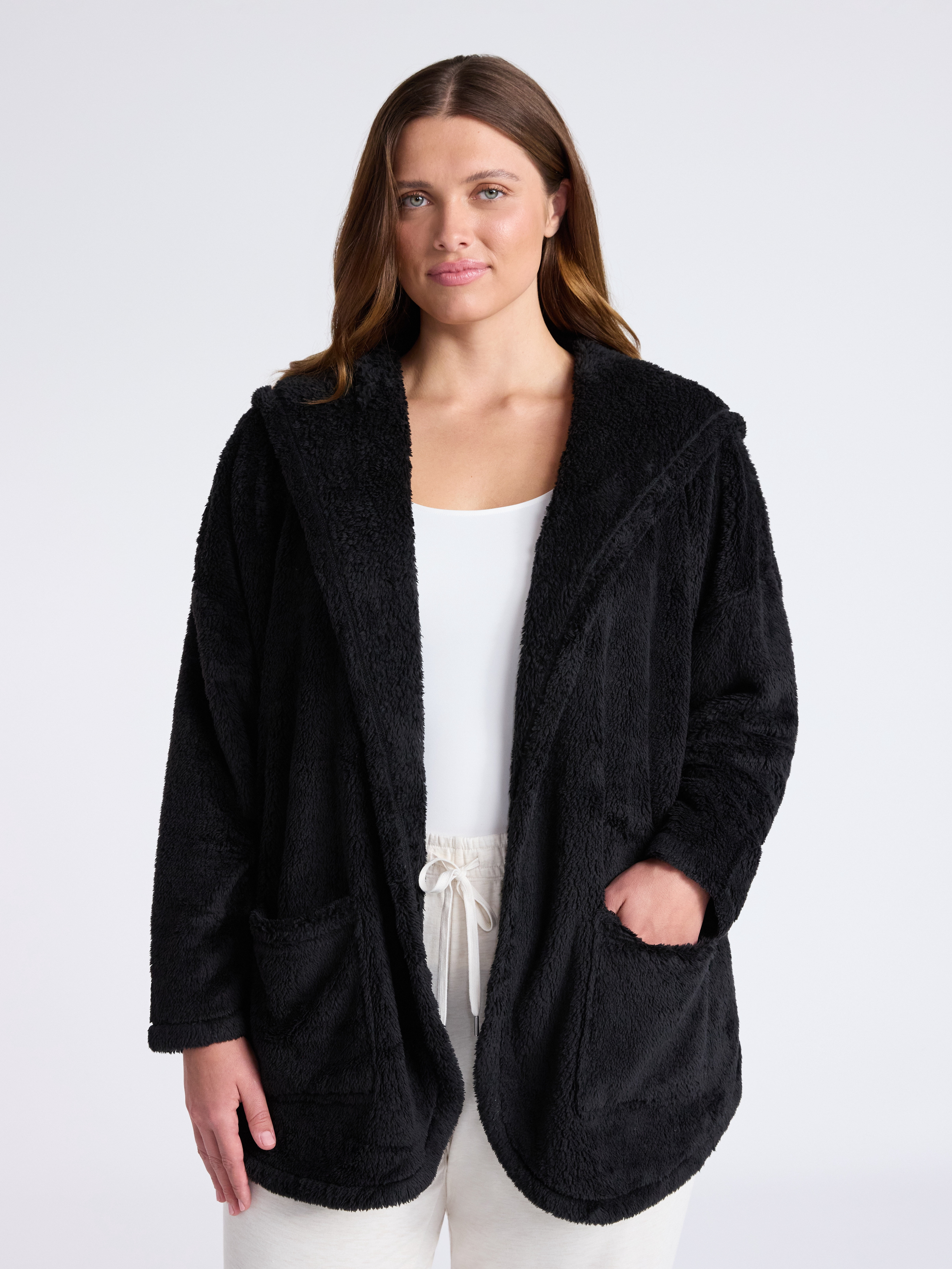 Joyspun Women’s Plush Sleep Cardigan, Size XS-3XL