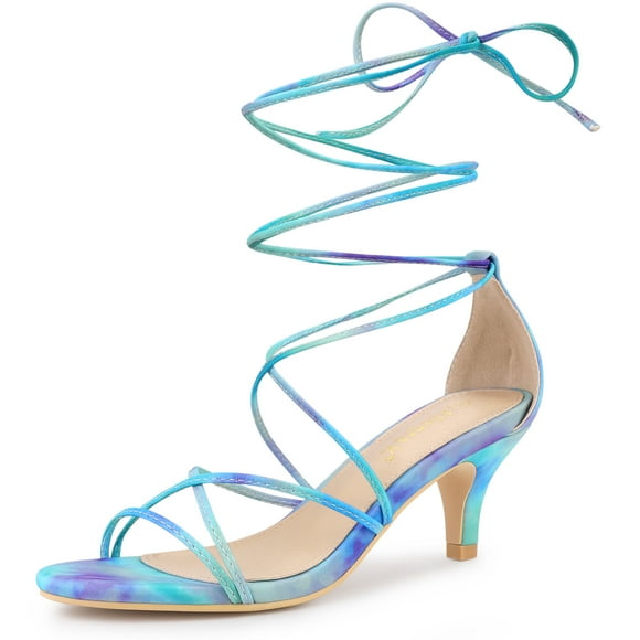 Allegra K Women's Lace Up Strappy Tie Dye Kitten Heels Sandals Cyan (Size 6)