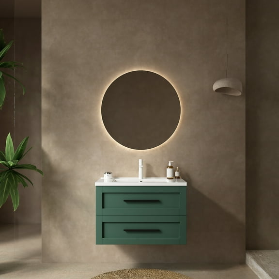 30" Bathroom Vanity with Sink, Modern Wall-Mounted Floating Bathroom Storage Cabinet with 2 Drawers, White Ceramic Basin without Faucet, Green Color