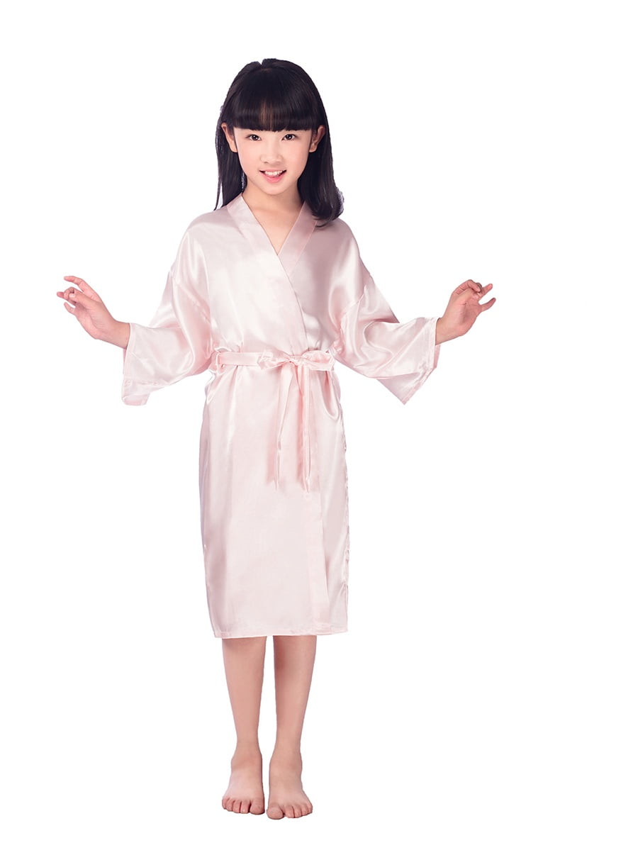 VENI MASEE Children Girls Pure Color Silky Satin Kimono Robe Nightgown Sleepwear for Spa Party Evening Dressing Gown（4-14）