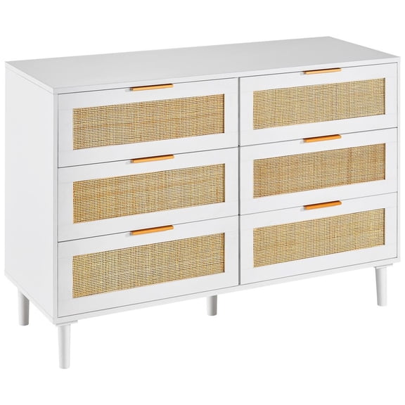 6 Drawer Rattan Dresser, Boho Dresser, Rattan Chest of Drawers with Spacious Storage, Natural Rattan Dresser for Bedroom, Living Room & Hallway,Rattan Nightstand with Sturdy Handles&Legs, White