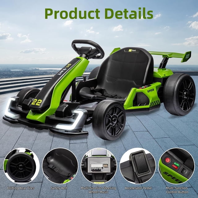 Historyli Kart eléctrico de 24 V, potente kart de drifting, asiento ajustable, velocidad de 13 km/h, luces LED, juguete para exteriores para niños de 6 a 15 años, color verde.