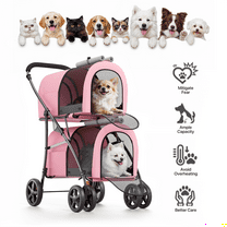MoNiBloom 4 in 1 Double Pet Stroller, Foldable Cat Stroller for 2 Cats/Dogs with Detachable Carrier Bags & Rear Brakes, Pink/Gray