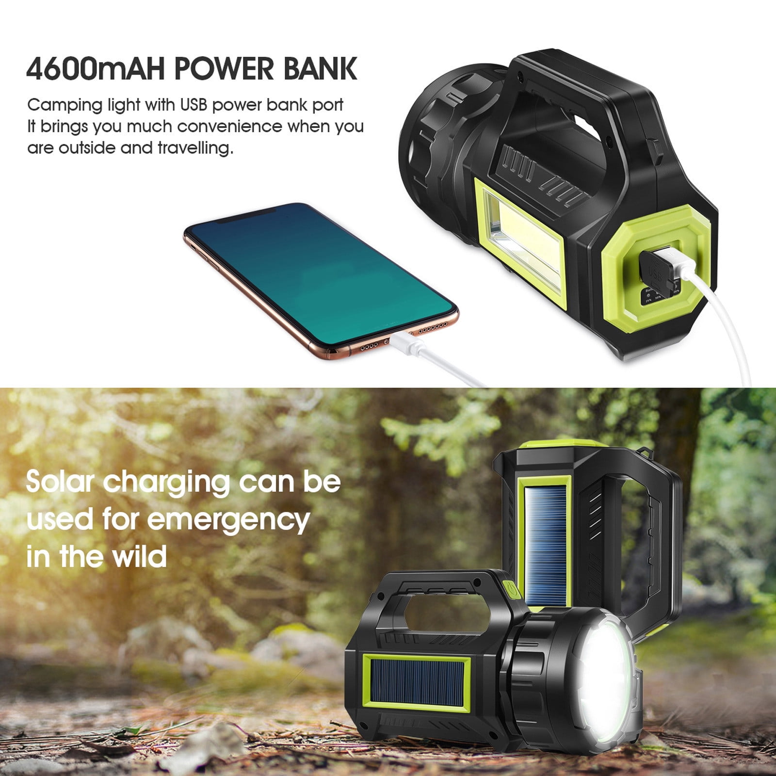 Pklyzj LED Searchlight LED Lantern,Solar Rechargeable Super Bright 10000LM Handheld LED Flashlight , Multifunctional LED Camping Lamp Work Lights,7 Light Modes,IPX4 Waterproof, for Emergency