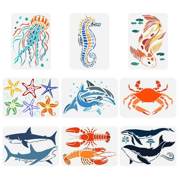 9 pcs Aquatic Creatures Painting Stencil 8.3x11.7inch Seahorse Jellyfish Koi Dolphin Crab Starfish Lobster Whales Drawing Template