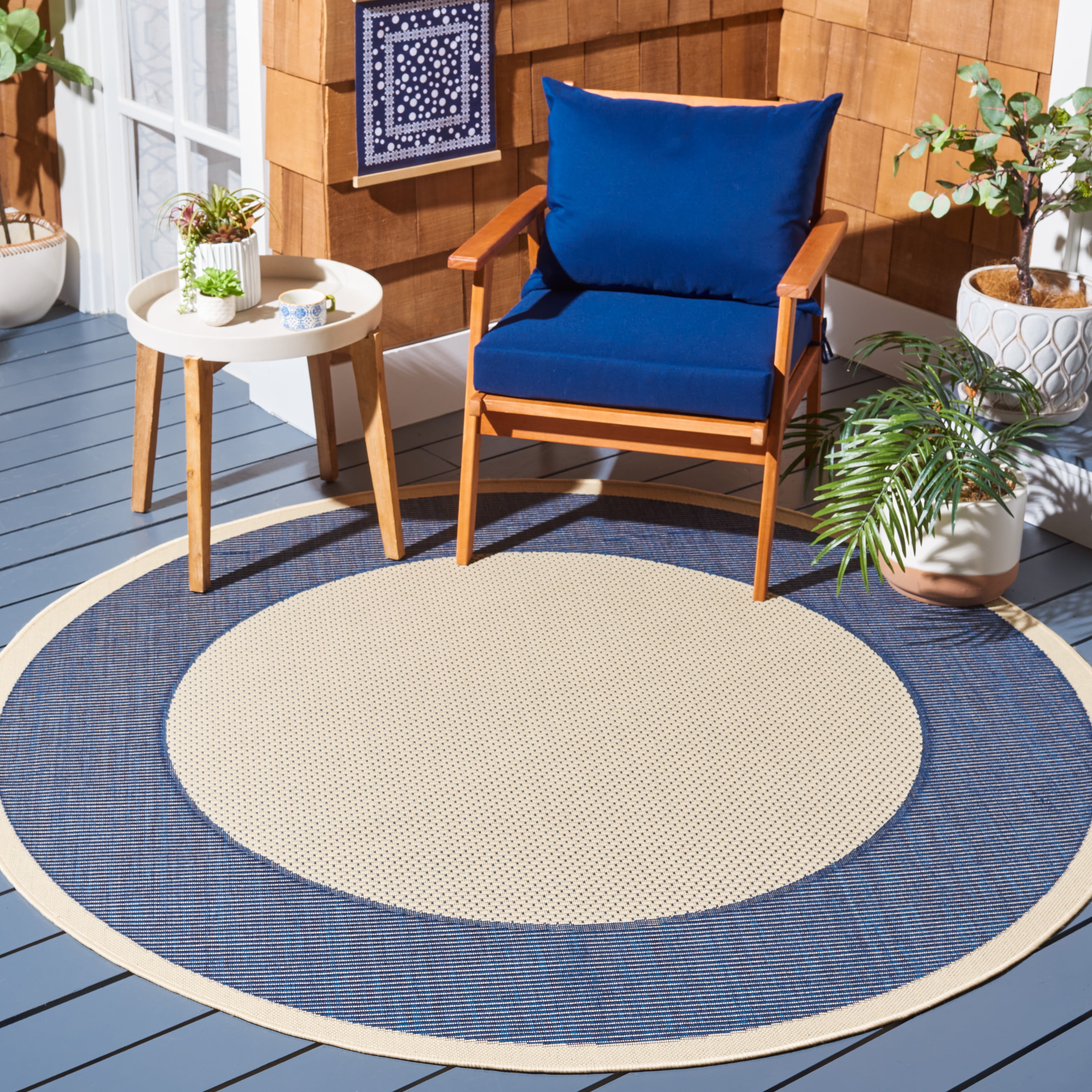 Safavieh Courtyard Justine Bordered Indoor/Outdoor Area Rug, Beige/Navy, 5'3" x 5'3" Round